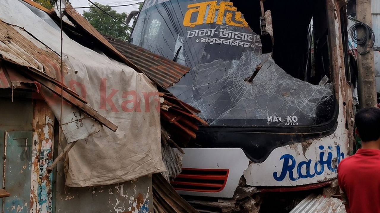 রাজিব বাসের ধাক্কায় ১০টির বেশি দোকান ভেঙ্গে চুরে একাকার 