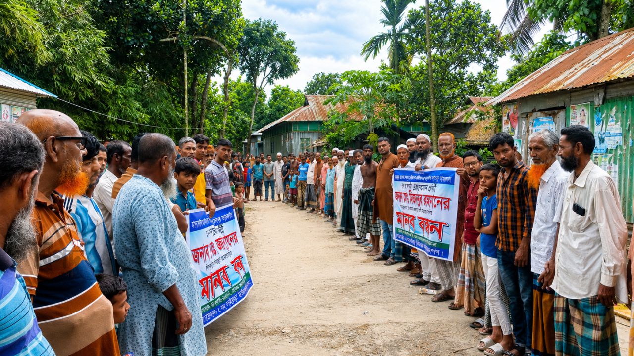 মাদারগঞ্জে চেয়ারম্যান প্রার্থী'র বিরুদ্ধে  মিথ্যা মামলা প্রত্যাহারের দাবিতে এলাকাবাসীর  মানববন্ধন।